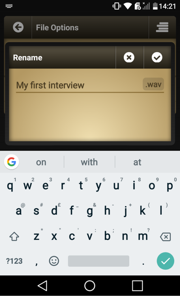 Screenshot of Voice Record Pro on a phone showing to 'File Options', 'Rename' screen. The recording is named 'My first interview'.  