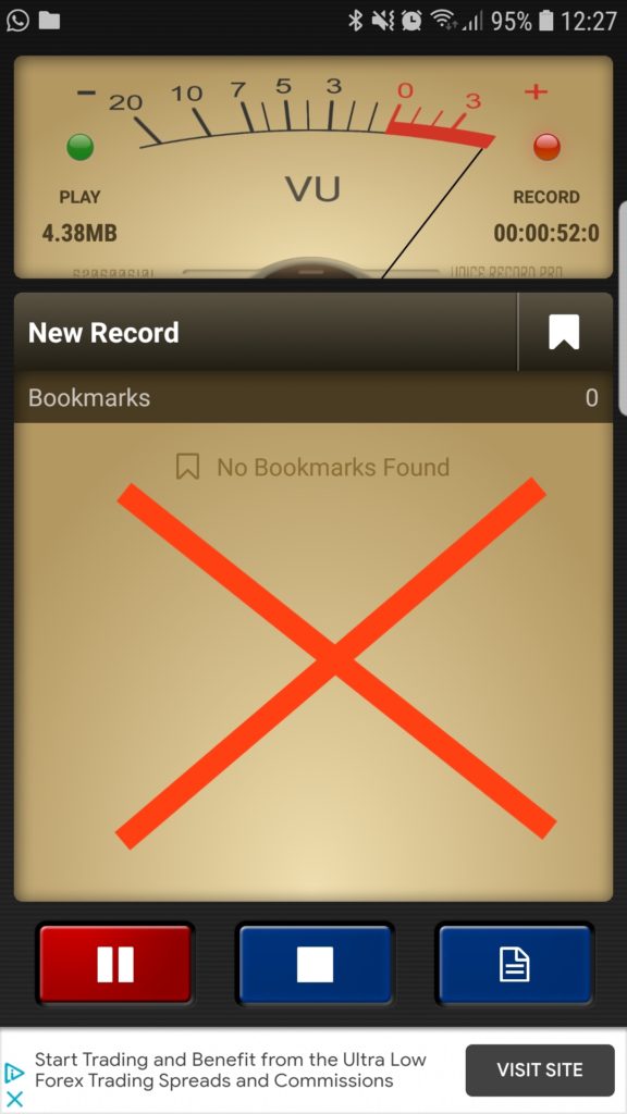 Screenshot of Voice Record Pro on a phone with a gauge. The dial on the gauge is all the way into the red area, and there is a big red cross over the image. 