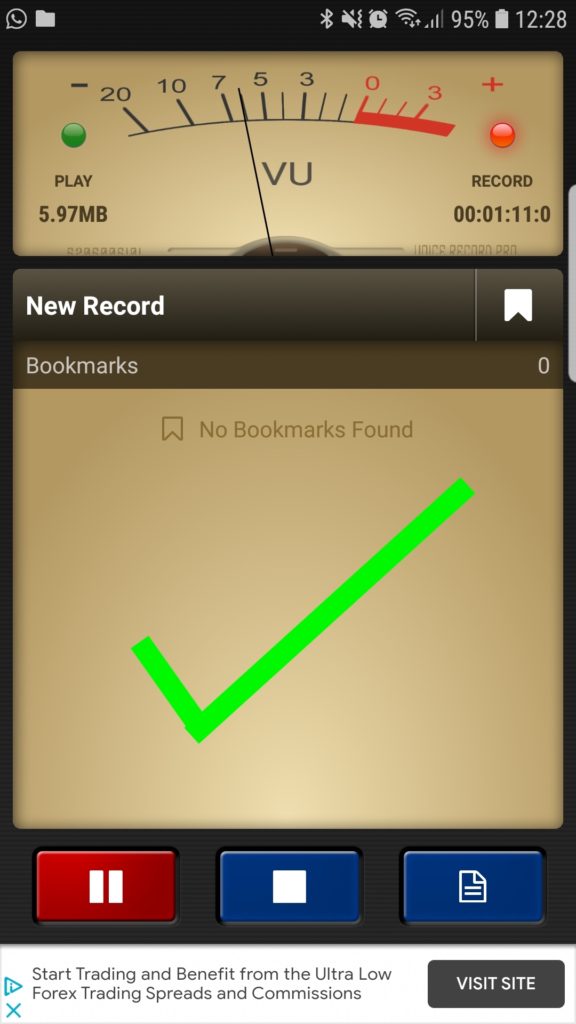 Screenshot of Voice Record Pro on a phone with a gauge. The dial on the gauge is in the black area (around the '6' mark), and there is a big green tick over the image. 