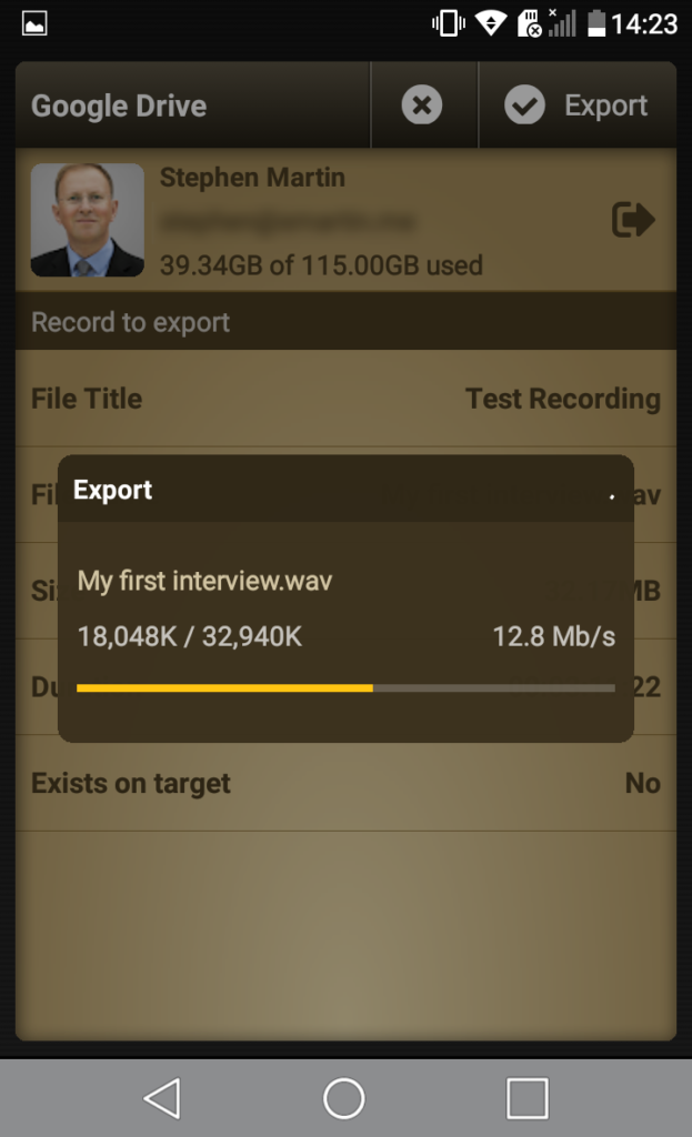 Screenshot of Voice Record Pro on a phone showing the recording being exported.
