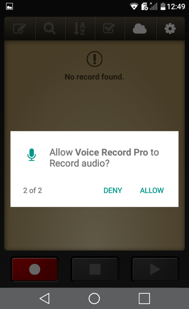 Screenshot of Voice Record Pro on a phone with a permissions request to record audio.