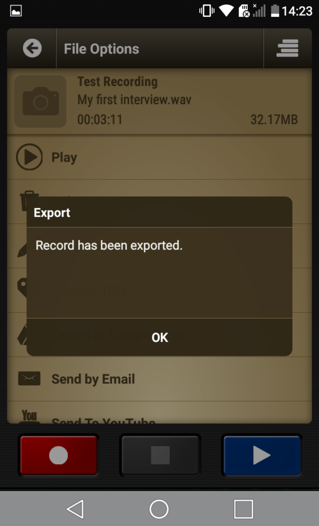 Screenshot of Voice Record Pro on a phone showing that the recording has been successfully exported.