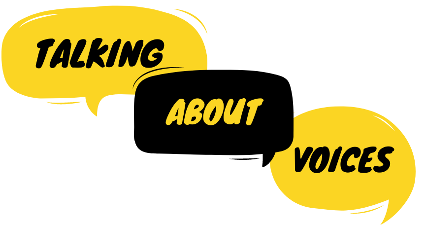 'Talking About Voices' logo, with the words in speech  bubbles.