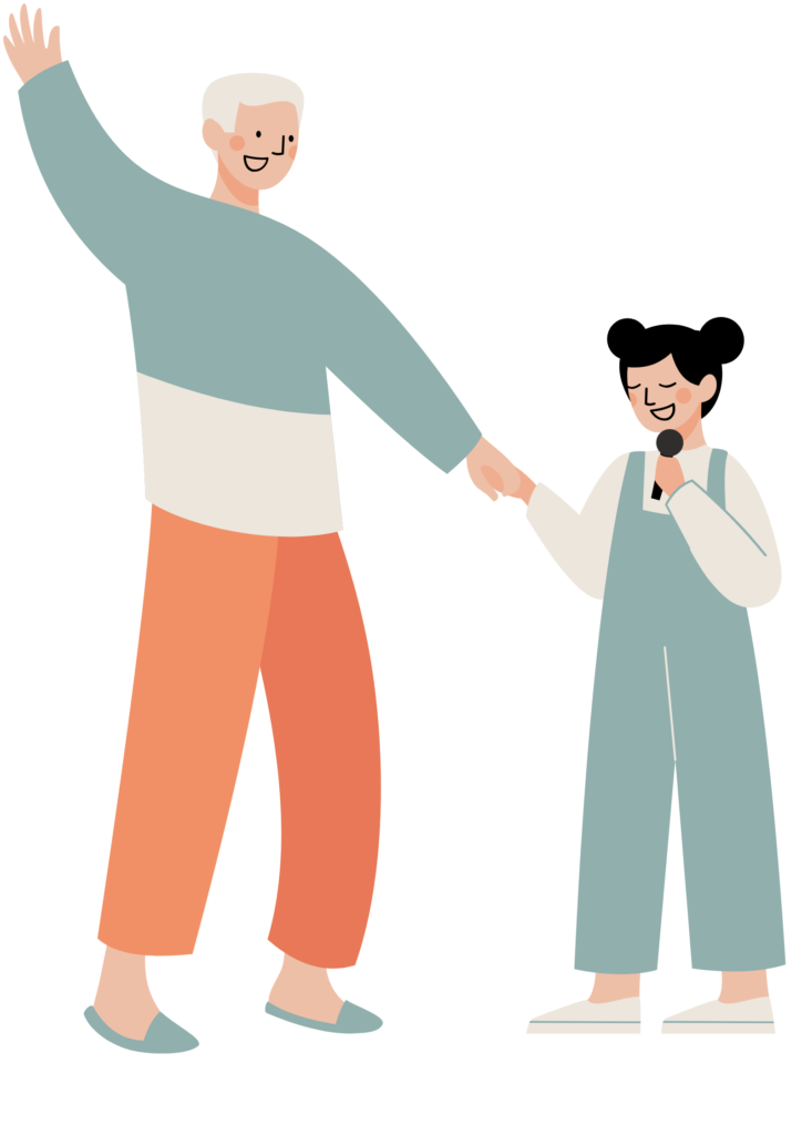 Cartoon of a child and grandparent holding hands. The child is holding a microphone.