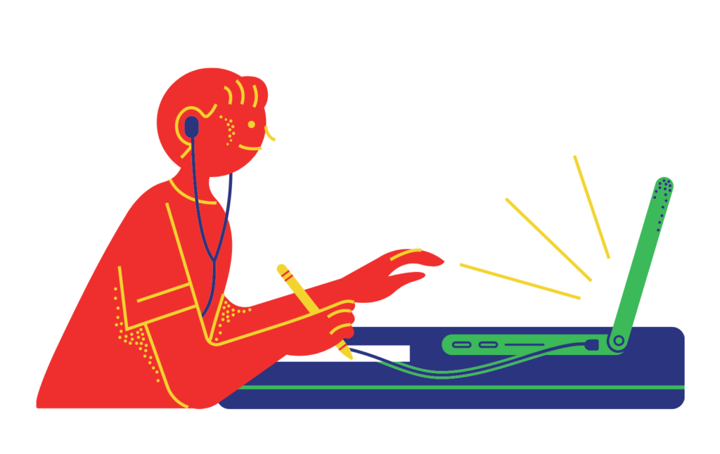 Cartoon of someone with headphones plugged in to a laptop and making notes while listening.