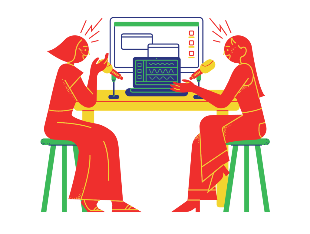 Cartoon of two people sitting at a table talking to each other with microphones and a laptop between them. 